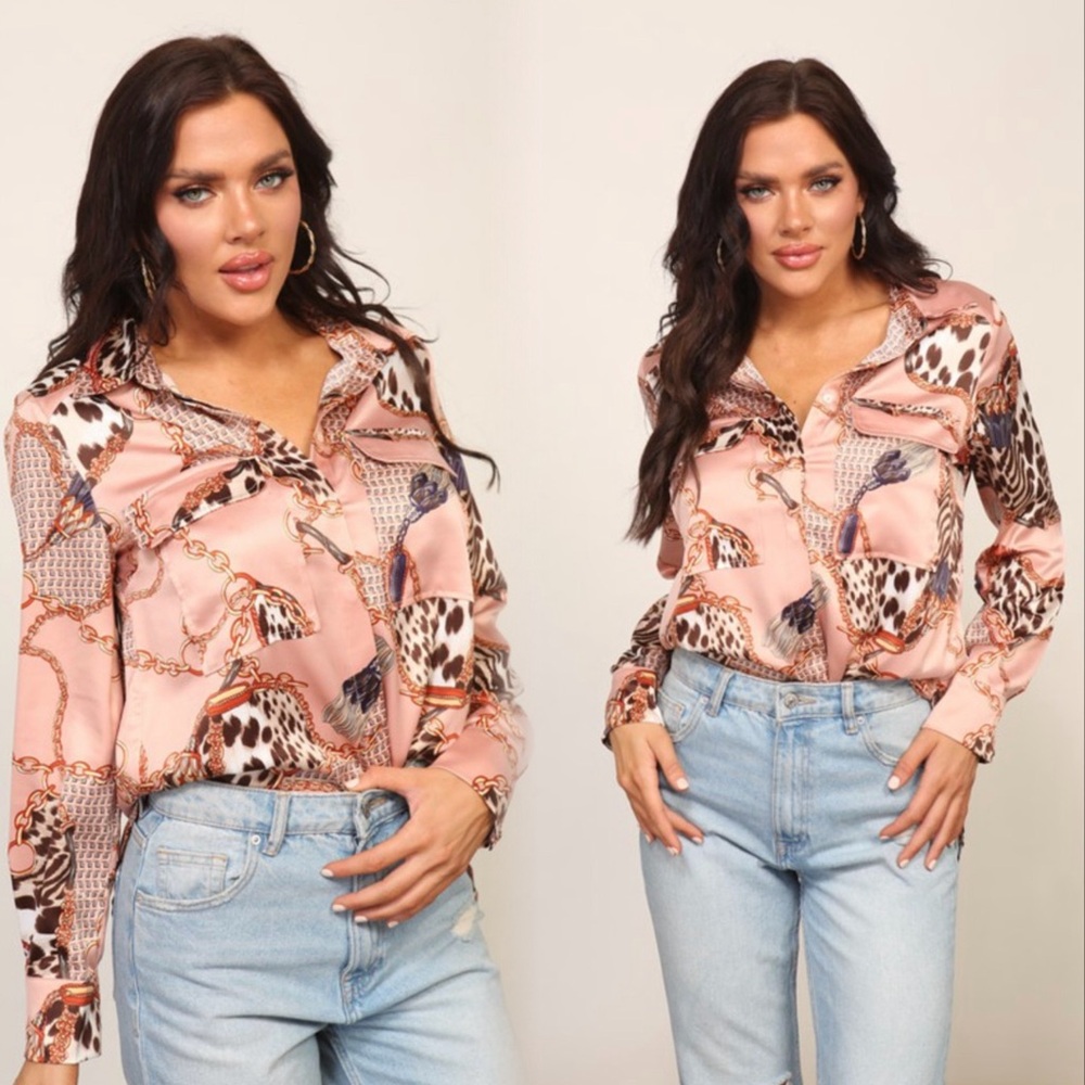 Chain print button down satin long sleeve top